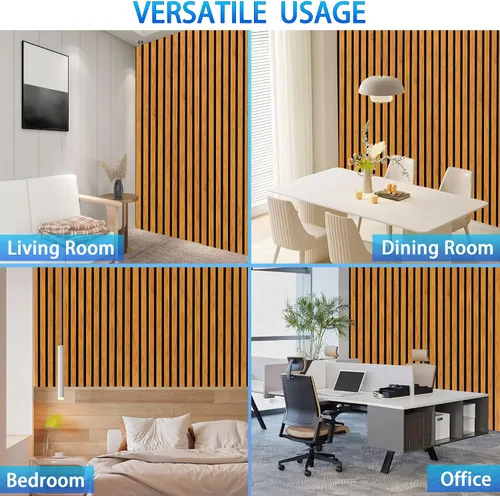 Vista 6 de Paneles de pared acústicos 3D con listones y acabado en madera, paquete de 2 paneles de absorción de sonido para estudio, oficina, sala de estar