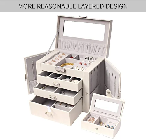 Vista 7 de FEIYAN Joyero con caja organizadora de joyas pequeña caja de joyería de piel sintética para mujer para regalo almacenamiento de joyas de terciopelo
