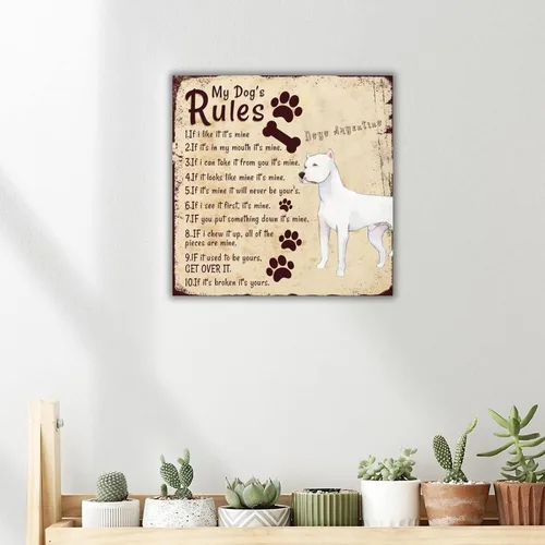 Vista 3 de Placa de madera con texto en inglés "My Dog"s Rules, placa de madera de Dogo Argentino, estampado de animales, decoración de pared para el hogar