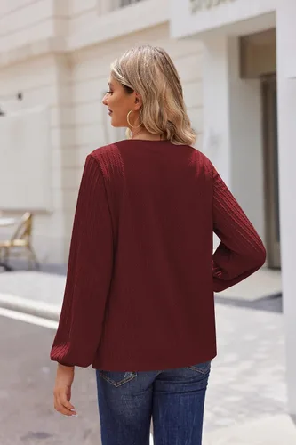 Vista 5 de HOTOUCH Women's Long Sleeve Tops V Neck Lantern Sleeve Blouse Dressy Casual Ribbed Knit Tunics Loose Fit Fall Shirts 2023