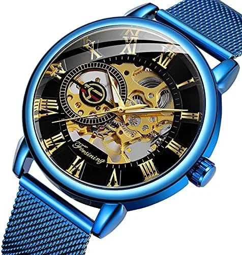 Vista 2 de Dentily Reloj de esqueleto para hombre clásico con número romano Steampunk Reloj mecánico Relojes de viento para hombre (azul)