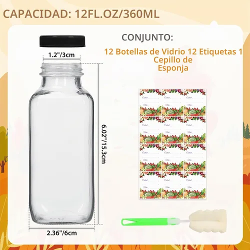 Vista 4 de AuroTrends Botellas de vidrio de 12 onzas con tapas 12Pack, botellas de vidrio de 360ml para jugos, agua, kombucha - Botellas de vidrio