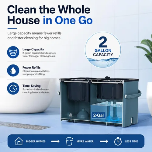 Vista 5 de Gen 1 Juego de fregona giratoria y cubeta de gran capacidad – para casas grandes y días de limpieza profunda, sistema de 4 cámaras que separa