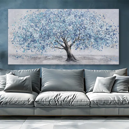 Vista 5 de Arte de pared de árbol de la vida, cuadro de árbol azul, decoración de pared, obra de arte enmarcada, lienzo abstracto, pintura de la naturaleza