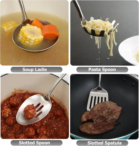 Vista 7 de Juego de utensilios de cocina de acero inoxidable 304 con mango de madera, juego de utensilios de cocina aptos para lavavajillas, espátula ranurada