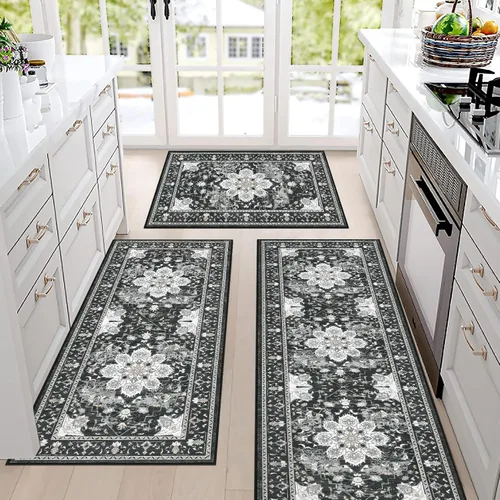 Vista 7 de Bsmathom - Juego de alfombras de cocina de estilo rústico de 3 piezas con corredor, alfombras de cocina antideslizantes y lavables, alfombras