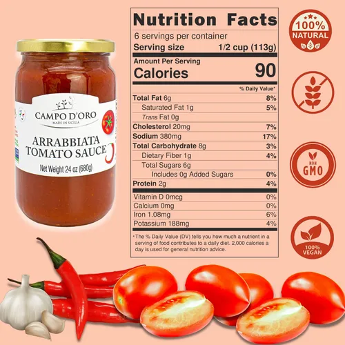 Vista 5 de CAMPO D'ORO - Salsa de tomate Arrabiatta 24 oz, salsa de pasta