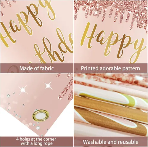 Vista 6 de Cartel de feliz cumpleaños de oro rosa y decoraciones de fondo para niñas y mujeres, suministros de letrero de fiesta temática rosa, gran póster