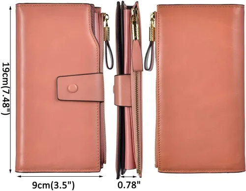 Vista 3 de woogwin Cartera de embrague de cuero genuino de lujo de gran capacidad RFID para mujer, Cera rosa