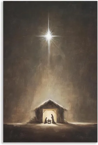 Vista 21 de Arte de pared en lona de árbol de Navidad y pino, póster rústico iluminado de abeto nevado, decoración de pared de vacaciones de invierno antigua