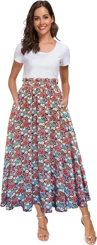 Vista 9 de Afibi Falda de gasa con estampado floral de cintura alta para mujer, estilo swing, de playa, midi, larga con bolsillos Negro