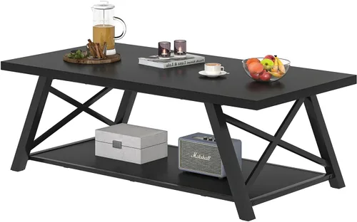 Vista 8 de EXCEFUR Mesa de centro negra, moderna mesa central de madera y metal con estante de almacenamiento, mesa de té rectangular industrial para sala