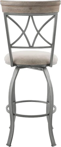 Vista 10 de Powell Hamilton Taburete giratorio de 30 pulgadas de altura de asiento con asiento tapizado gris claro y respaldo de madera Greywash