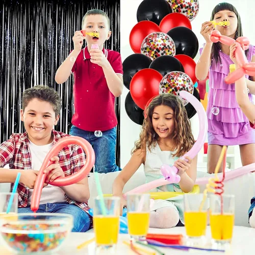 Vista 7 de Decoraciones de cumpleaños para hombres y mujeres, globos negros y rojos, pancarta de feliz cumpleaños, cortina metálica con flecos para fiesta