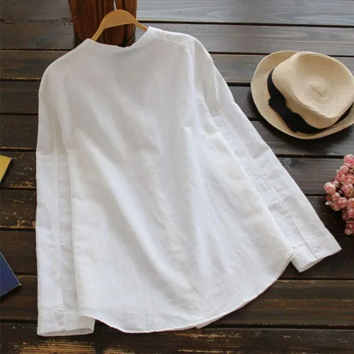 Vista 4 de Tops de gato largo estampado de plumón casual de lino de algodón para mujer, blusa con botones para mujer
