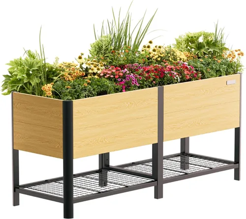 Vista 11 de Cama de jardín elevada con ruedas, macetas elevadas de grano de madera de metal de 2 x 4 pies con patas y estante de almacenamiento para patio