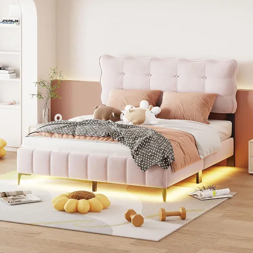 Vista 28 de Cama de plataforma flotante, marco de cama de madera tamaño individual con rayas claras, tela de lino suave y cabecera de diseño capitoné