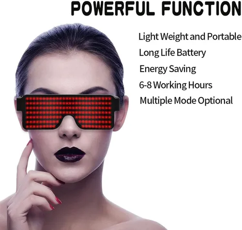Vista 9 de Gafas LED dinámicas que brillan con luz LED recargable por USB, con luz intermitente de neón, 11 patrones, gafas luminosas