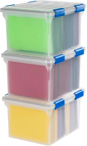 Vista 11 de IRIS USA 3-Pack 35 Qt. Letter/Legal File Box with Lid, Clear/Blue Transparente/azul