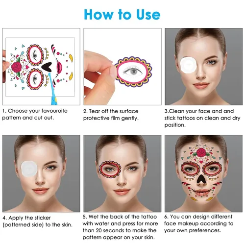 Vista 5 de Tatuajes faciales del Día de los Muertos, 8 hojas de tatuajes faciales temporales de calavera de azúcar para maquillaje de fiesta de Halloween
