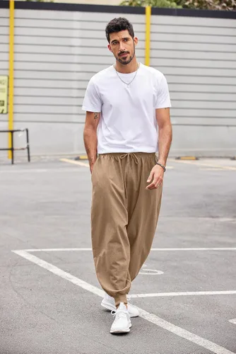 Vista 2 de COOFANDY Pantalones de harén hippie para hombre, holgados, de lino, algodón, pantalones de yoga, pantalones de playa de verano, pantalones casuales