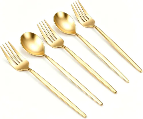 Vista 10 de SUT Juego de 100 piezas de tenedores y cucharas de plástico dorado resistente, cubiertos desechables dorados, cubiertos dorados, utensilios