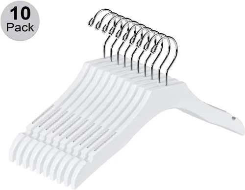 Vista 4 de Percha de madera blanca de calidad para niños, diseño de lujo, gancho giratorio cromado (10, 13 pulgadas)