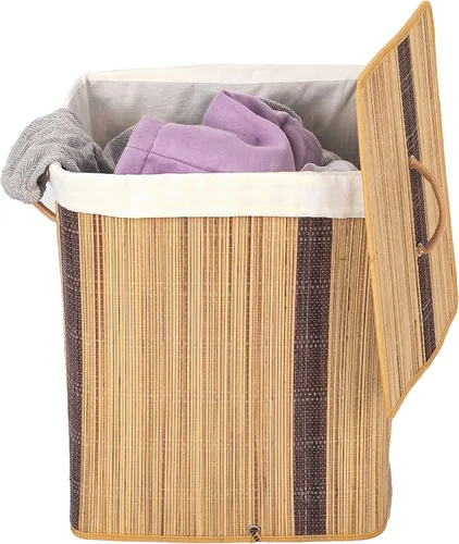 Vista 9 de Cesto rectangular de bambú plegable impermeable con tapa y asas para organizador, ropa, juguetes duraderos contenedor de lavado para fácil transporte