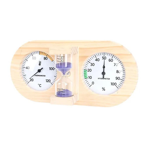 Vista 3 de Haofy Wooden Sauna Thermometer Hygrometer, Dual Dial Design with Sand Timer Function for Home and Commercial Sauna Rooms