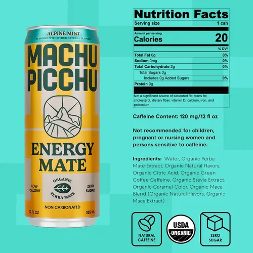Vista 2 de MACHU PICCHU ENERGY, Yerba Mate Sin Carbonatar Cero Azúcar, Alternativa de Bebida Energética Limpia, 12 oz (Paquete de 12) – 120mg de Cafeína