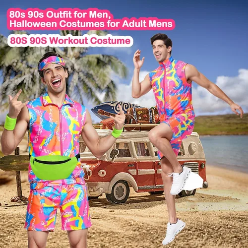 Vista 5 de 80S 90S Workout Costume Halloween Costumes for Adult Mens Cosplay Outfits Swimwear Suit With Sun Hat