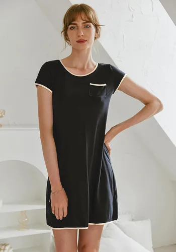 Vista 3 de Ekouaer - Vestido de dormir de mujer, camisón de manga corta con parches de satén, con bolsillos