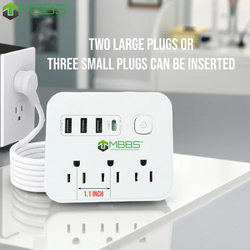 Vista 5 de Regleta de protección contra sobretensiones de 4 pies con USB C, protección 1200J, cable de extensión resistente, (7 en 1), 3 salidas de CA, 4