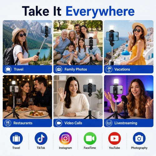 Vista 7 de Acuvar Trípode para selfie stick con control remoto Bluetooth y luz de relleno LED, soporte extensible de 28 pulgadas para iPhone, Samsung