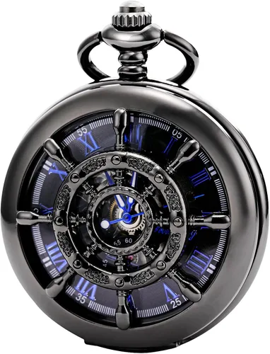 Vista 3 de Reloj de bolsillo para hombre y mujer con esfera de números romanos y doble cubierta de Treweto Negro
