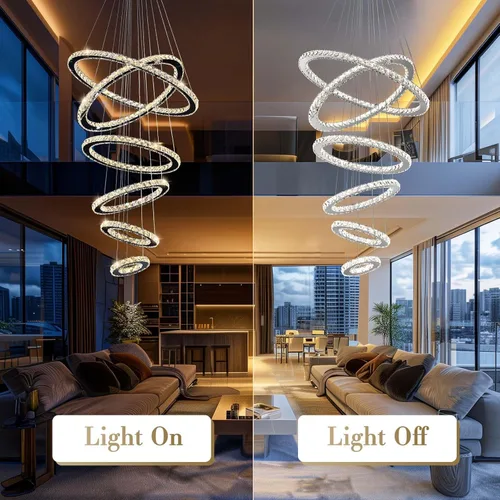 Vista 6 de Siljoy Moderna lámpara de araña de cristal, 6 anillos, lámpara de techo LED con 3 colores, lámpara de techo alto para sala de estar, comedor