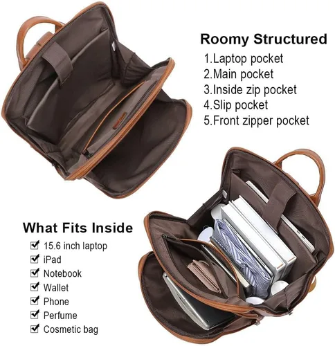 Vista 4 de CLUCI Mochila de cuero para computadora portátil de 15.6 pulgadas para mujer, mochila grande de viaje para negocios, trabajo, color blanco roto