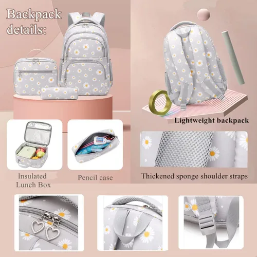 Vista 5 de Mochila con estampado de margaritas para niñas de secundaria y primaria, juego de mochila con lonchera (negro)
