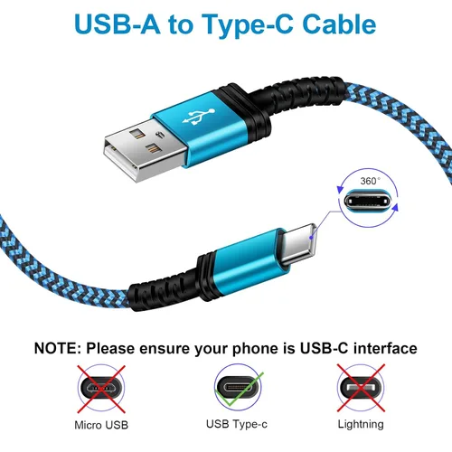 Vista 5 de Cable de carga USB C de 3A de carga rápida, [2 unidades, 6 pies] cable trenzado USB-A a tipo C para iPhone 15 Pro Max Plus, Samsung Galaxy A14 A54