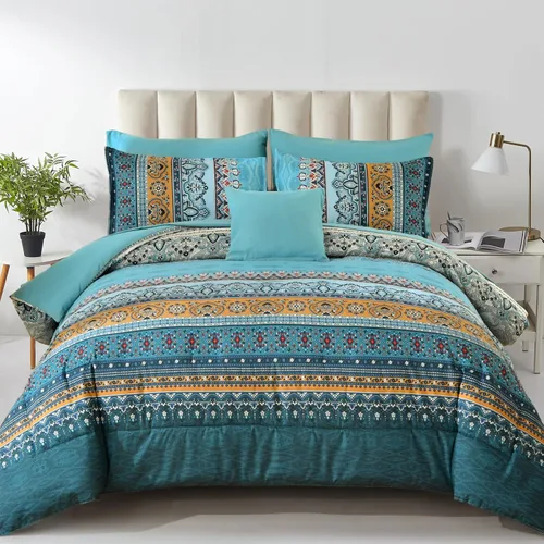 Vista 41 de Cottolester - Juego de edredón bohemio de tamaño matrimonial, 8 piezas, ropa de cama de microfibra suave en una bolsa, rayada y de color aguamarina