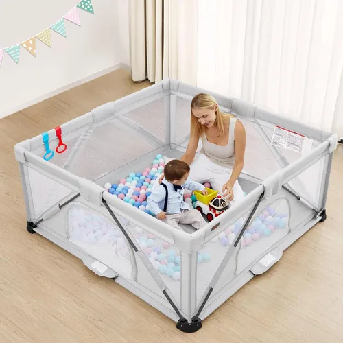 Vista 12 de Yobear - Corralito plegable para bebés y niños pequeños con 50 pelotas oceánicas y 2 asas, área de juego de seguridad para niños en interiores
