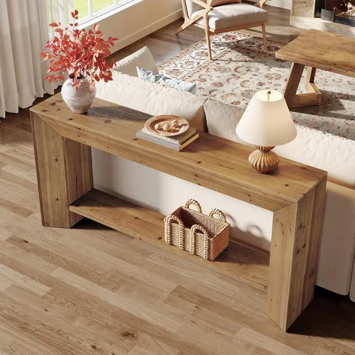 Vista 5 de Mesa consola de madera maciza, mesa de entrada de 63 pulgadas con almacenamiento, mesa de sofá de madera larga de 2 niveles detrás del sofá