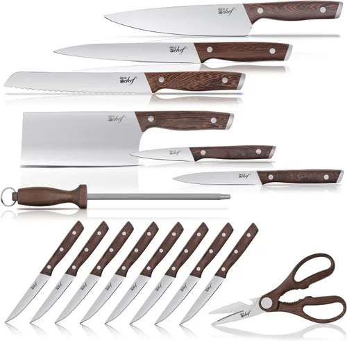 Vista 8 de Deco Chef Juego de cuchillos de cocina de 16 piezas de acero inoxidable con asas de madera, cuchillo de chef de 8 pulgadas, cuchilla de 6.5