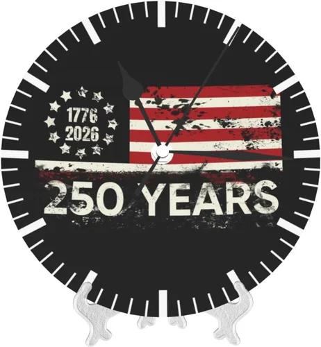 Vista 7 de Reloj de pared redondo de 250 años de aniversario, silencioso, sin tictac, funciona con pilas, retro con bandera de Estados Unidos, relojes
