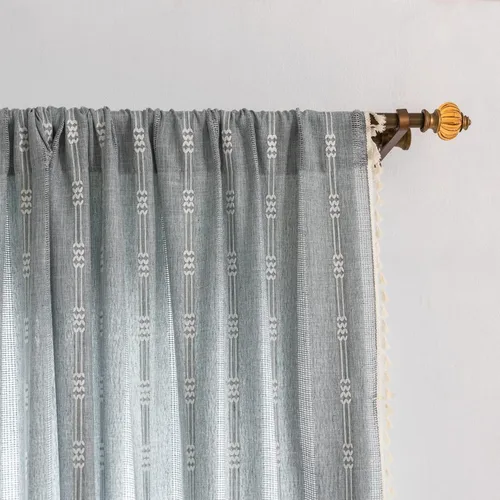 Vista 15 de 2 paneles de cortinas de lino semiopacas para ventana, bohemias y rústicas, con rayas bordadas y bolsillo para cortinero, para sala de estar