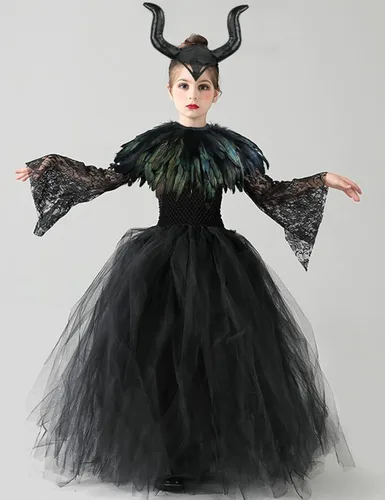 Vista 3 de L'VOW Vestido de princesa con encaje y tutú de tul para Halloween con cuernos de maléfica, capa de plumas