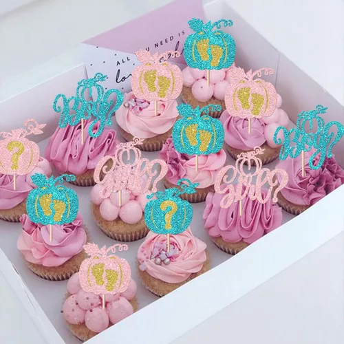 Vista 4 de Paquete de 24 adornos para cupcakes de calabaza para niños o niñas, con purpurina para revelación de género, calabaza, pies de bebé, para baby