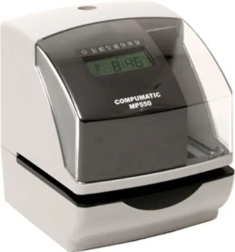 Vista 2 de COMPUMATIC Reloj electrónico MP550 y sello de fecha, construcción duradera y resistente, impresión personalizable, para nómina, seguimiento
