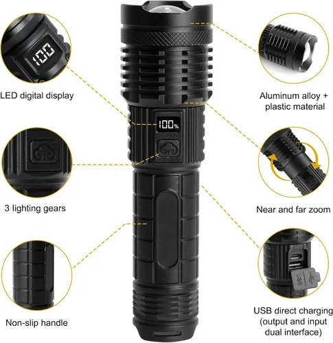 Vista 2 de Linterna recargable: alta potencia de 18000 lúmenes, pantalla LED, enfoque ajustable, carga USB, 5 modos, linterna LED impermeable IPX4
