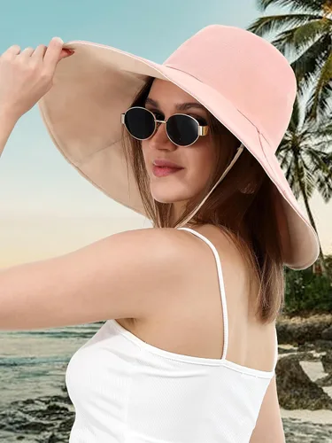 Vista 3 de Sombrero de pescador de algodón para mujer, reversible, de ala ultra ancha, plegable, protección UV, verano, viajes, UPF 50+ Rosa